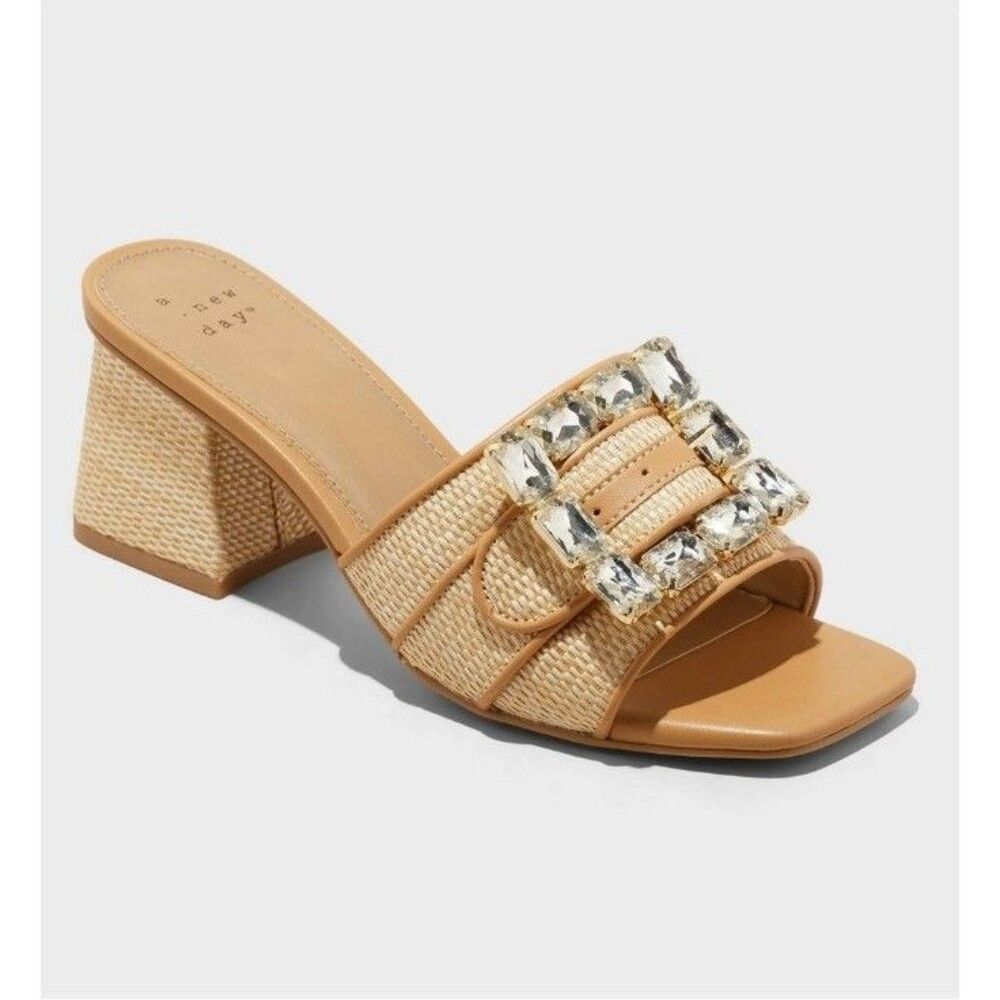 NEW! Women's Square Open Toe Raffia Chunky Block Heel Mules Rhinestone Buckle, 8